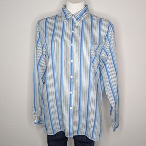 Foxcroft Blue Tan Striped Long Sleeve Cotton Blend Button Up 12